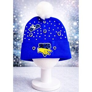 Zeta Phi Beta Blue Beanie design with logo & rhinestones and white pompom